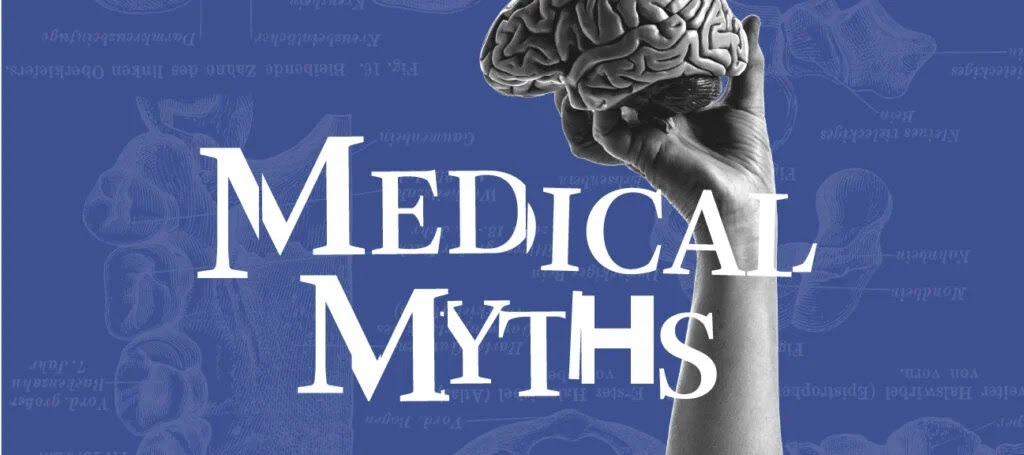 Medical myths logo on purple background with someone holding a model of a brain