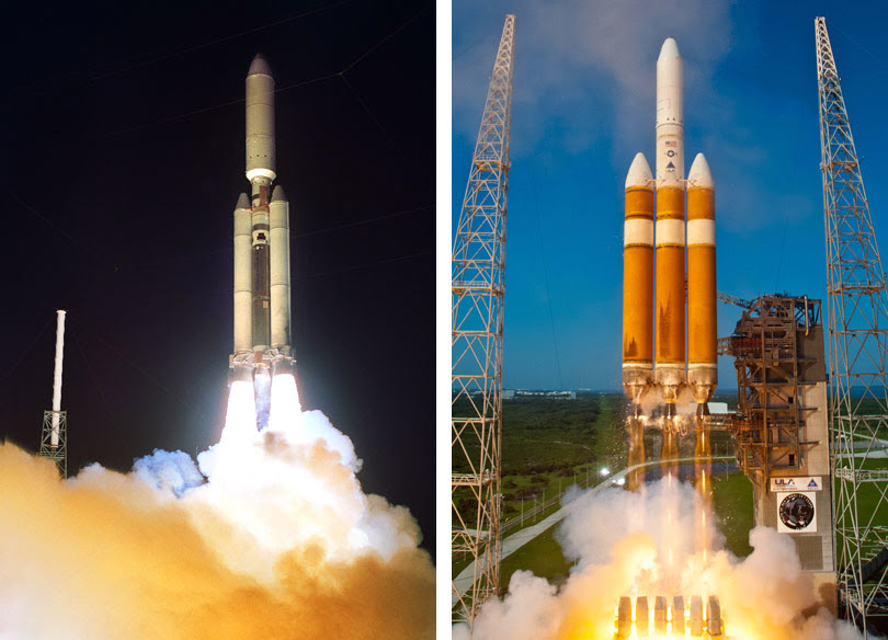 Examples of previous Mentor launches aboard Titan 4B and Delta 4-Heavy rockets. Credit: Lockheed Martin and ULA