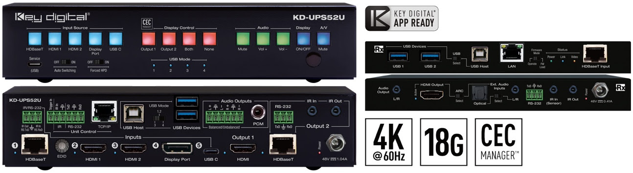 KD-UPS52U Presentation Switcher and KD-X100MRx Kit picture. Front and back of units.