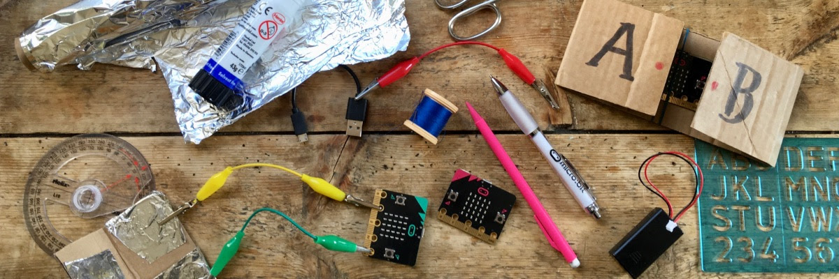 micro:bits, cardboard, glue, tin foil