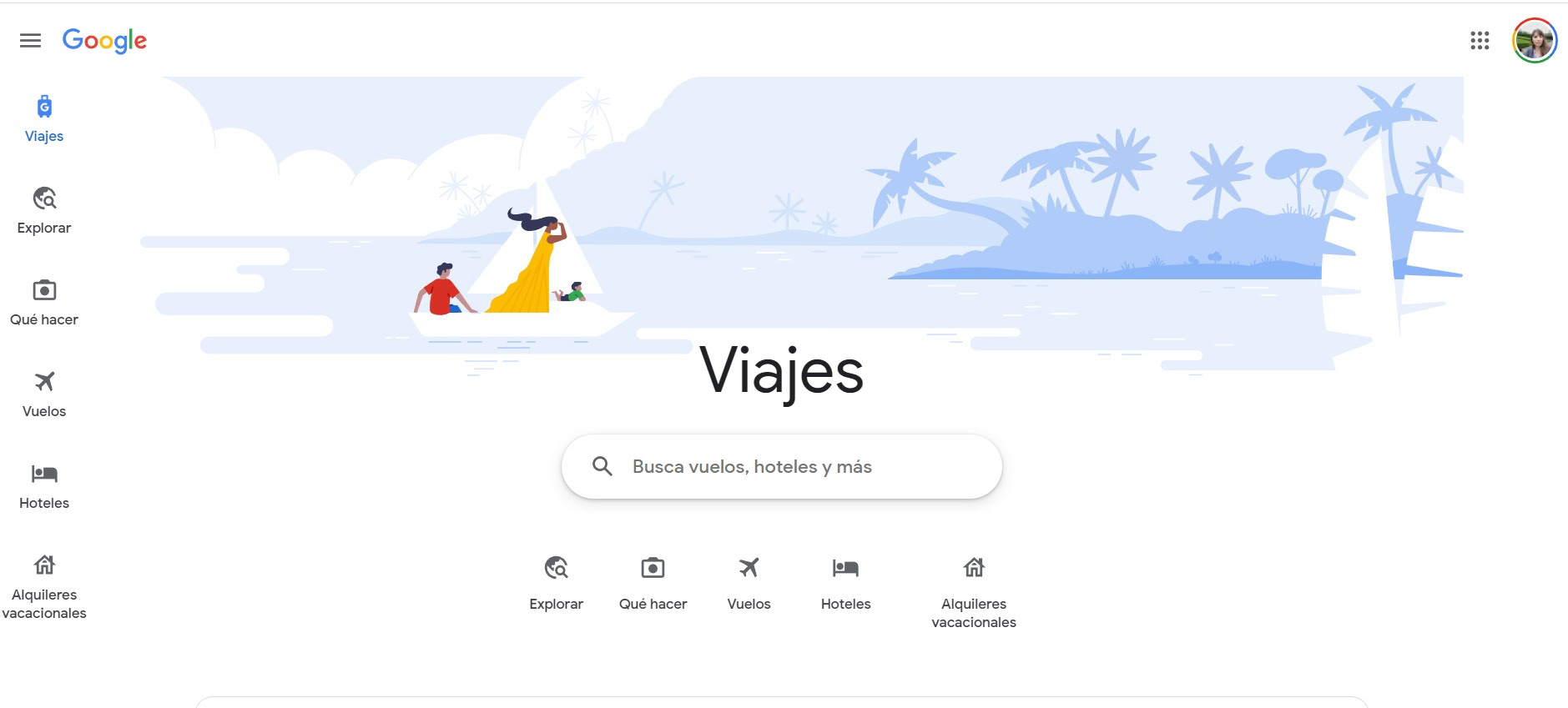 Google viajes tiene un espacio dedicado para Vuelos, así como otras herramientas