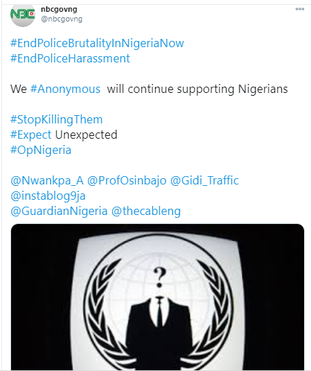 "Hacktivist" group, Anonymous hacks National Broadcasting Commission?s Twitter account in support of #EndSARS campaign