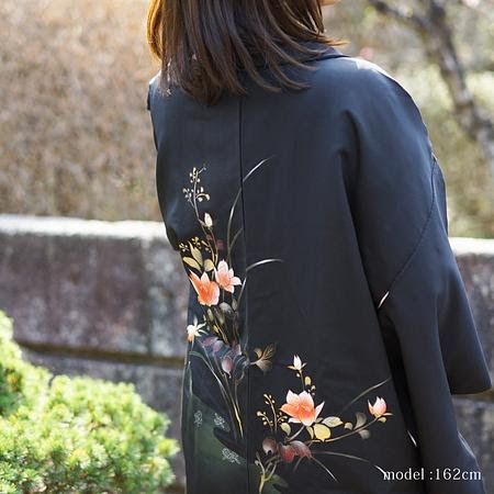 Black haori with beautiful flower painting,Japanese vintage kimono,womens haori