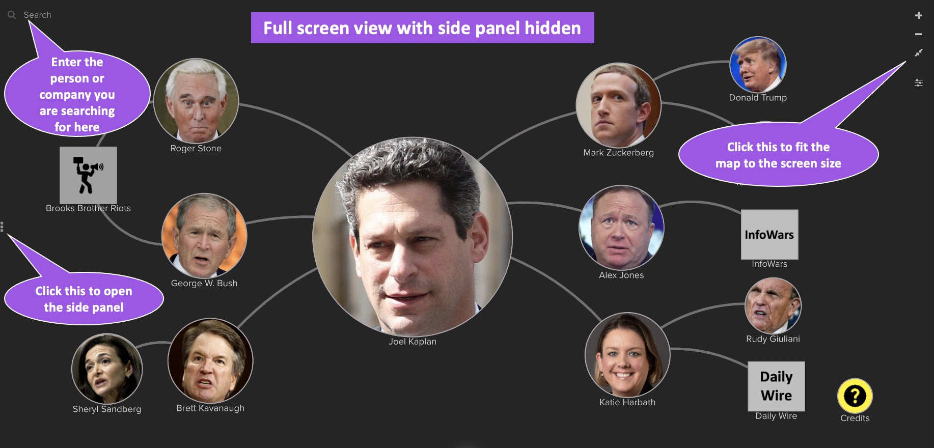 Use the Joel Kaplan relationship map to see his connections with people, groups and events.