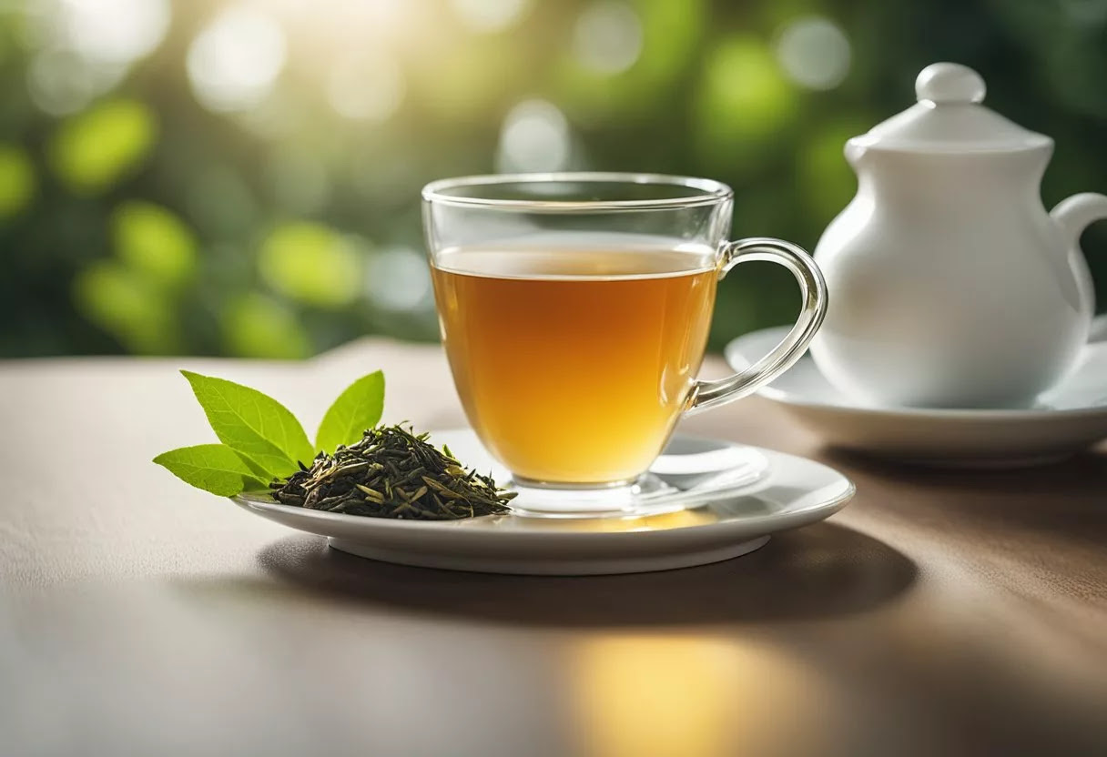 A table with a cup of tea, a tea bag, and a packaging of All Day Slimming Tea. A serene environment with natural lighting and a hint of greenery in the background