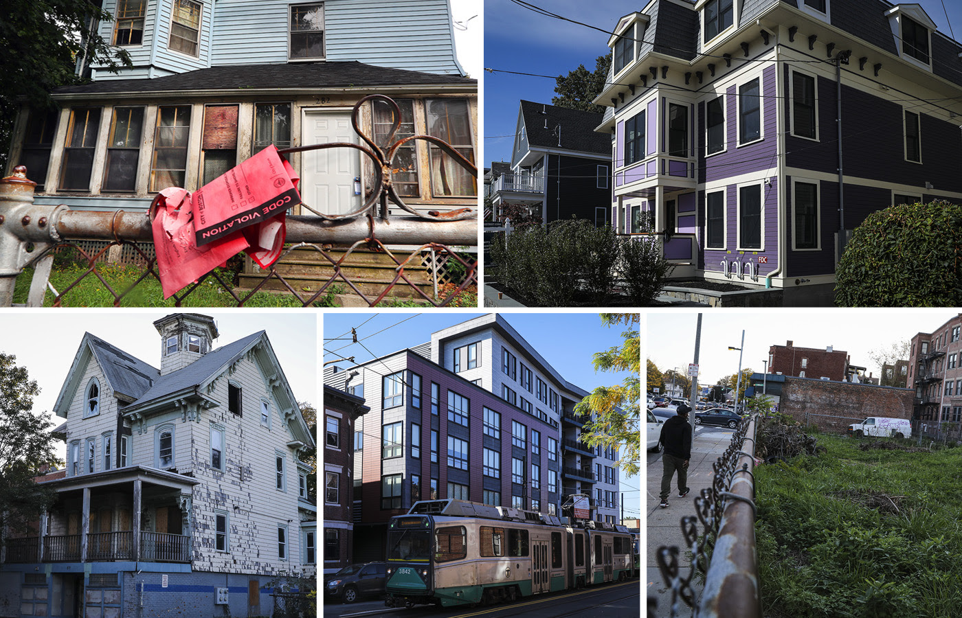 Douglas R. George properties (clockwise from top left): 282 Centre St.; 34 Dix St.; a vacant lot at the corner of Blue Hill Avenue and Irwin Avenue.; 35 South Huntington Ave.; and 57 Blue Hill Ave.