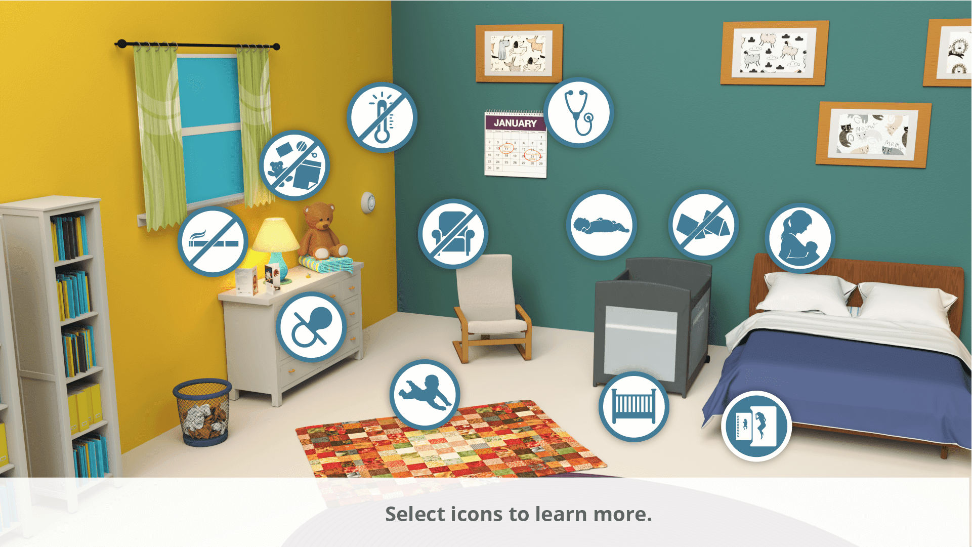 The interactive room shows an adult bedroom with icons showing different safe infant sleep recommendations.