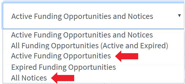 screenshot of search filters showing options to search all funding opportunities, all notices, etc.