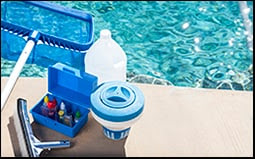 The figure shows equipment for testing pool water quality and cleaning.