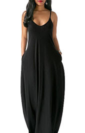 Open Back Pocket Decorated Black Maxi Dress