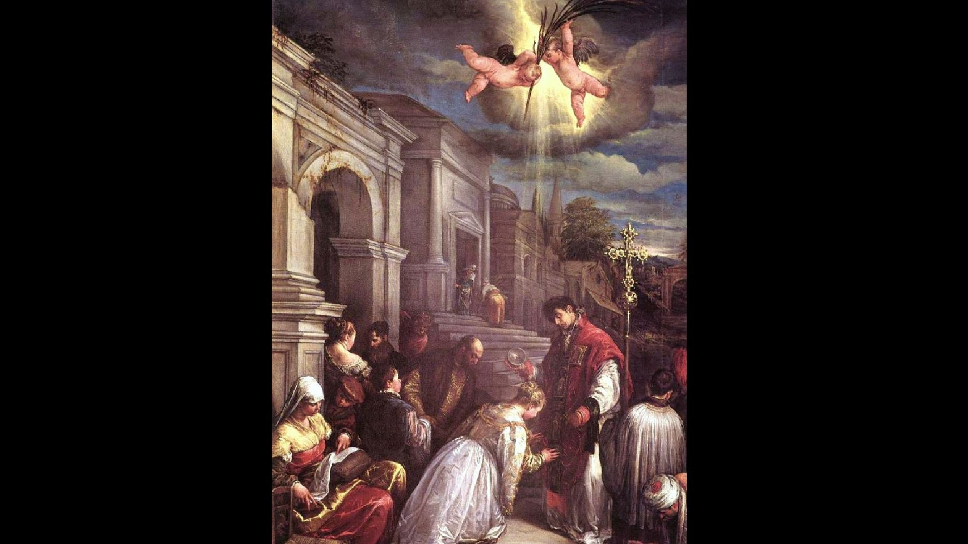 San Valentín realizando una ceremonia matrimonial a escondidas del emperador Claudio II (Jacopo Bassano)