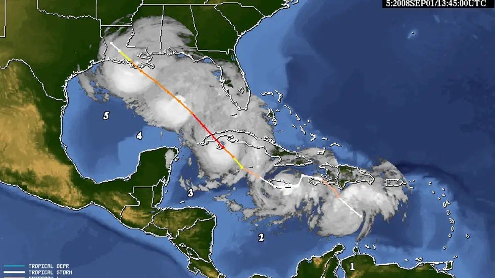 Composite track and satellite montage of Hurricane Gustav from Aug. 25 to Sep. 1, 2008.