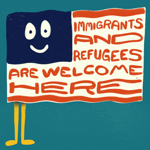 A smiling American flag, with text replacing the stripes: Immigrants and refugees are welcome here