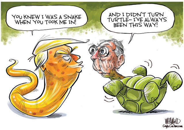 TRUMP, MITCH MCCONNELL, SENATE MINORITY LEADER, ROADBLOCK TO STIMULUS, COVID RELIEF, SNAKE, TURTLE, CORONAVIRUS RELIEF BILL, PELOSI, TAXING, SPENDING, MITCH THE OBSTRUCTIONIST
