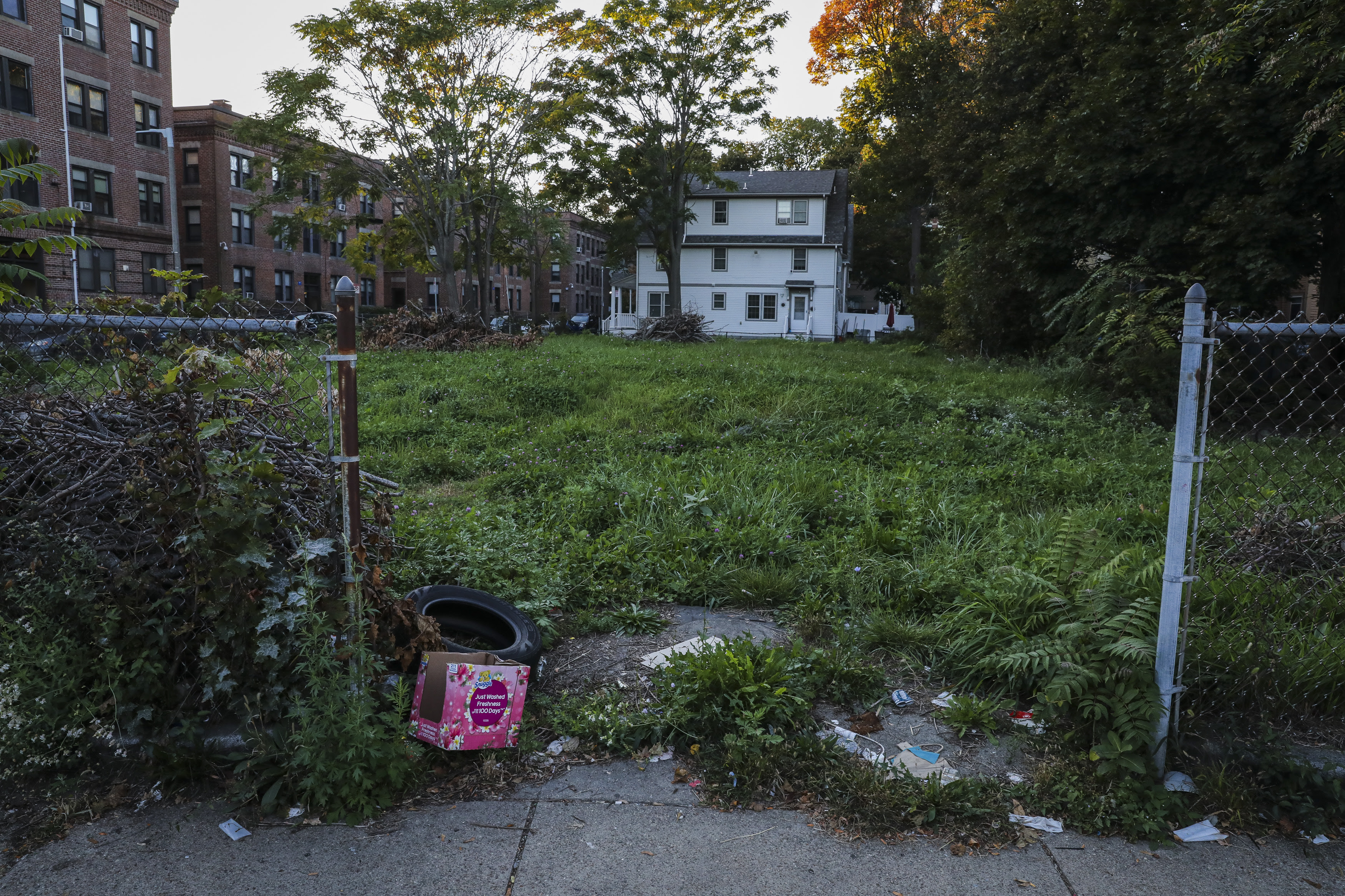 A vacant lot on Blue Hill Avenue owned by developer Douglas George.