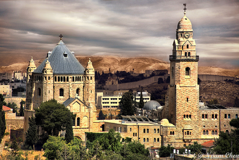 church of mount zion on the backdrop of the judea desert, israel