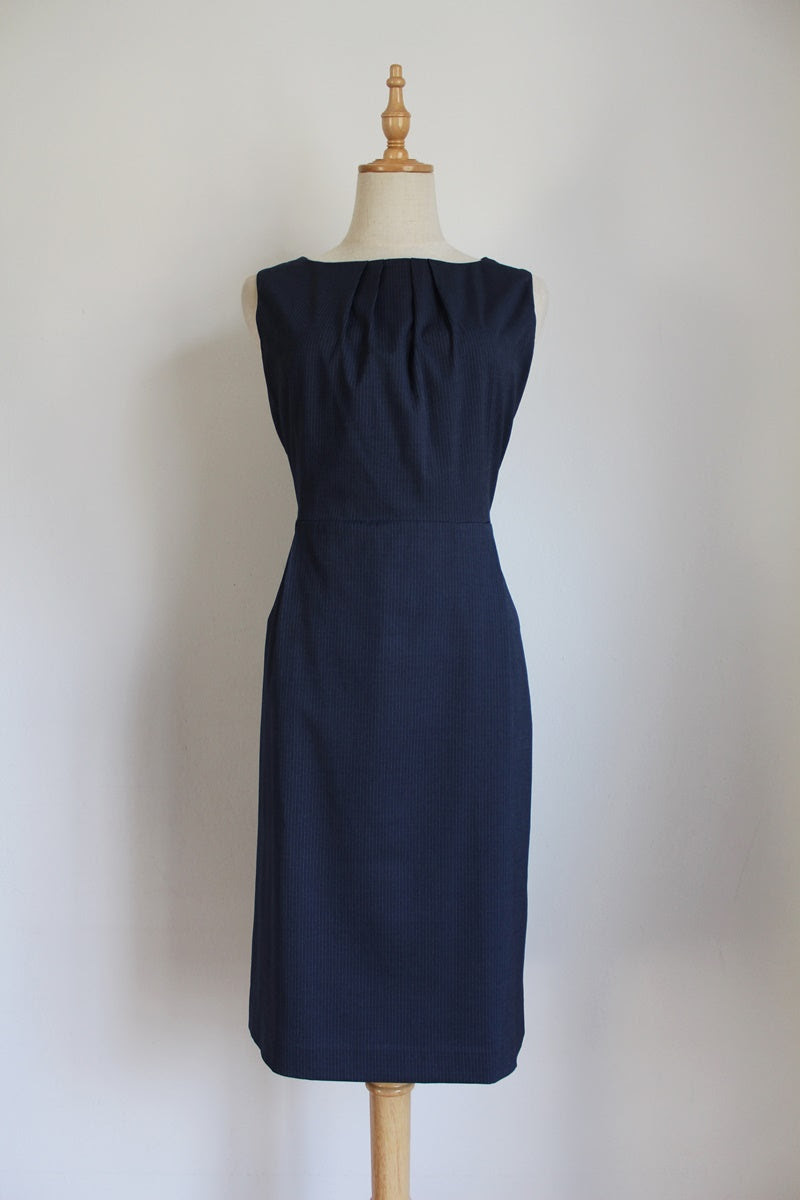 POLO BLUE PINSTRIPE FITTED SHIFT DRESS - SIZE 12