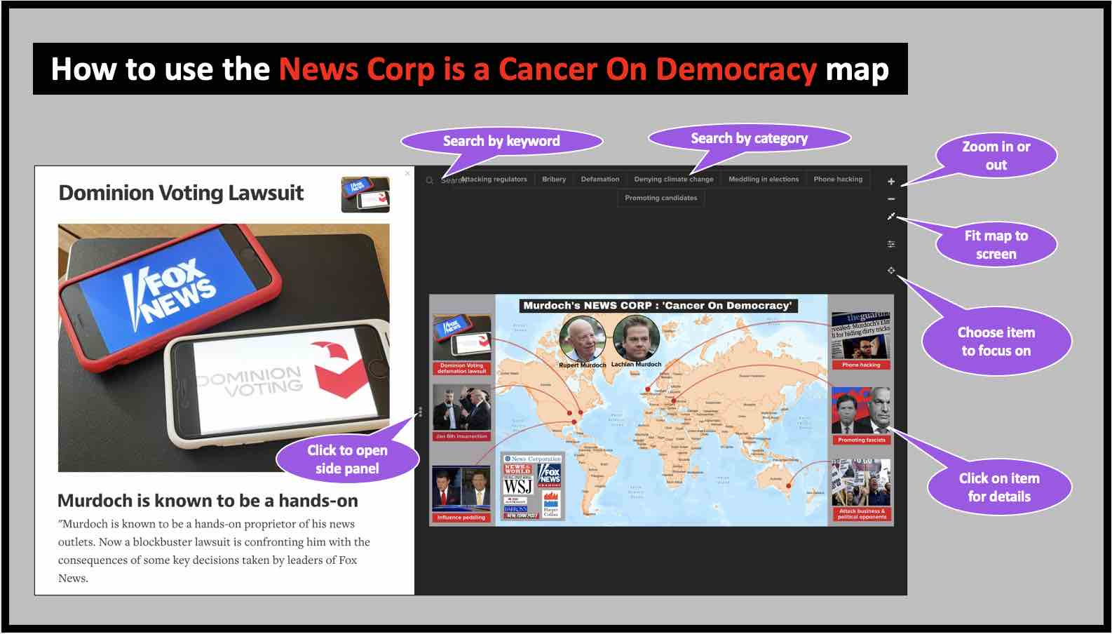 How to use the Rupert Murdoch, News Corp, Fox News are a cancer on democracy map.