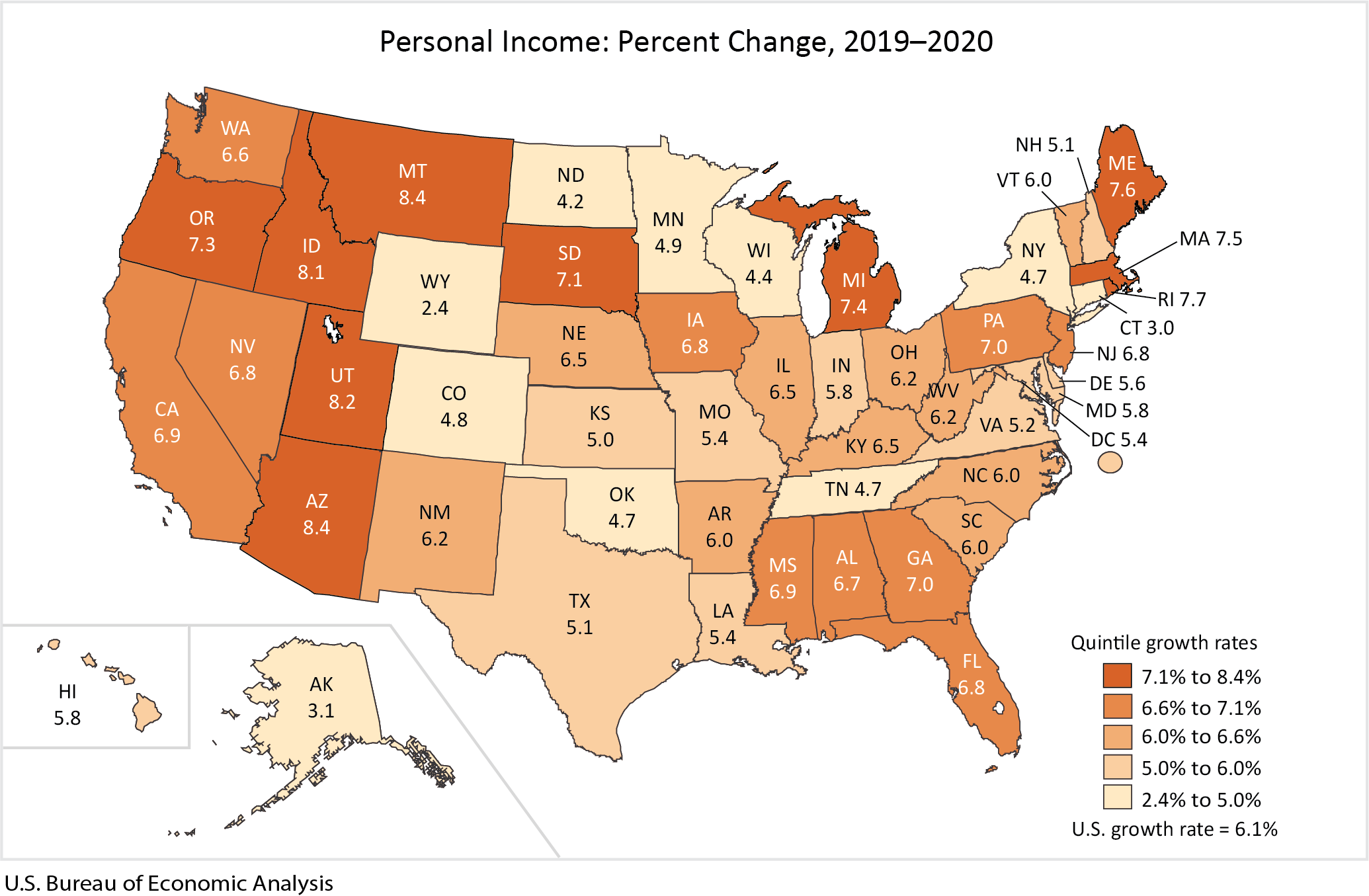 map: Personal Income: Percent Change, 2019-2020