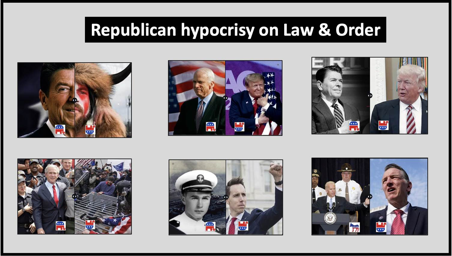This infographic was designed with the StoryMaps app. It is interactive so readers can slide the images to see for themselves how far the GOP has fallen and only supporting law enforcement when it serves their interest. The StoryMap can be freely shared and automatically adjusts to the phone, tablet or laptop it is being seen on.
