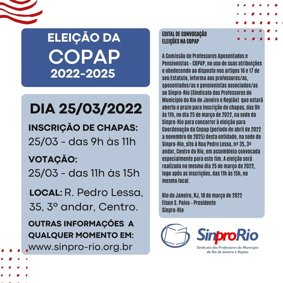 Eleições para Coordenação da Copap: dia 25/3, no Sinpro-Rio