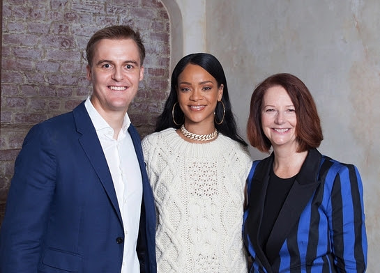 Hugh Evans, CEO of Global Citizen, with Rihanna and Global Partnership for Education (GPE) Chair and Julia Gillard announce partnership with Rihanna's Clara Lionel Foundation