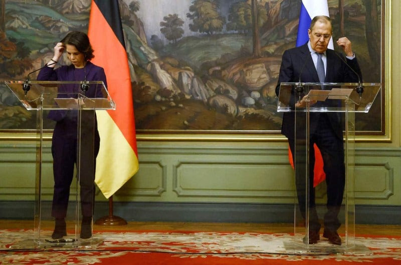 Russian Foreign Minister Sergei Lavrov and German Foreign Minister Annalena Baerbock attend a joint news conference following their meeting in Moscow, on January 18, 2022.