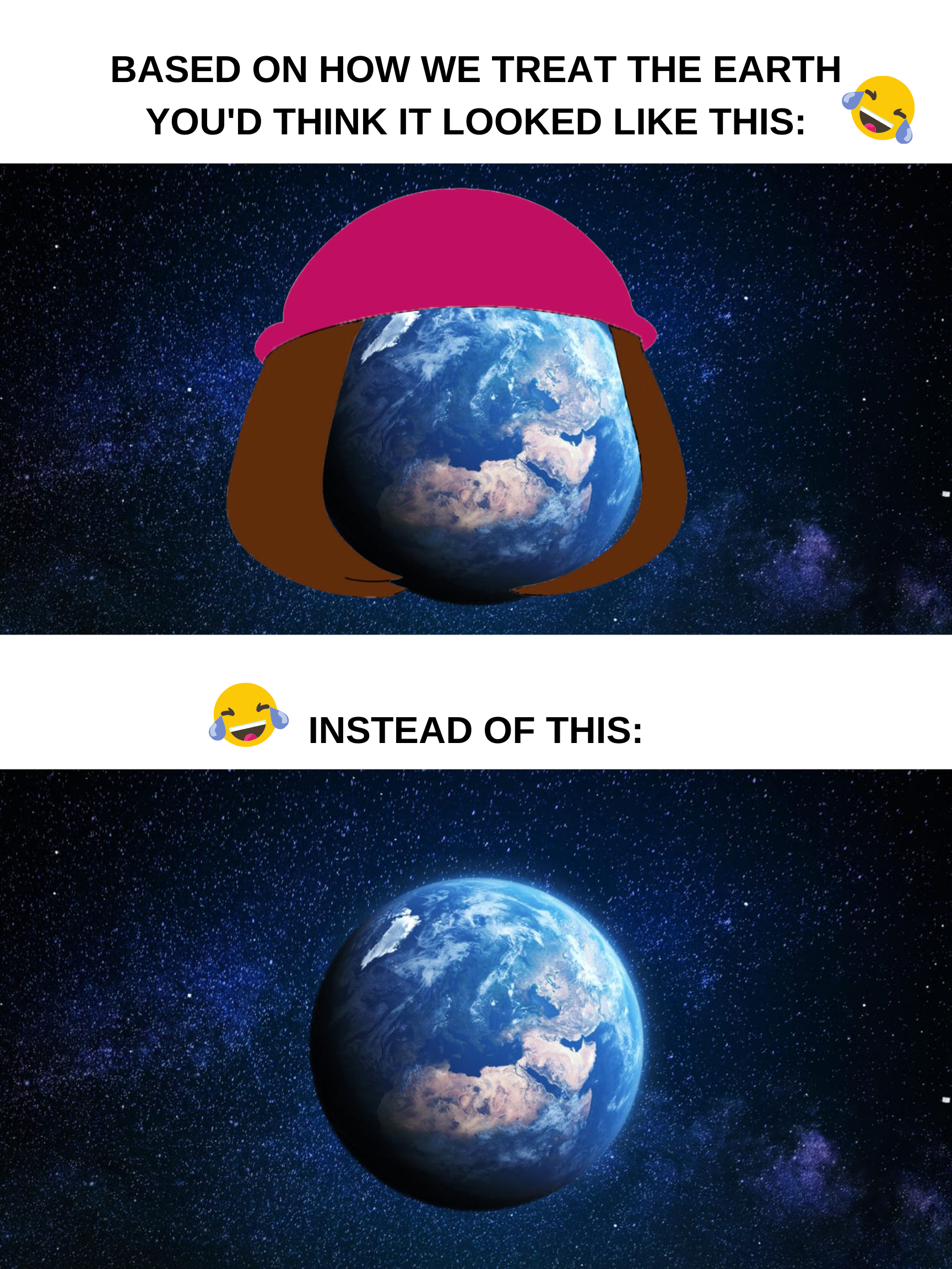 Two images of Earth. One with a hat and hair and the other regular. The caption says "based on how we treat the Earth you'd think it looked like this, instead of this"