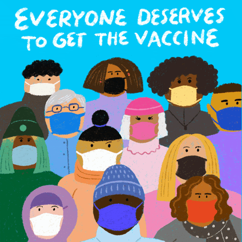 Image of a group of masked people. The text above states "everyone deserves to get the vaccine"