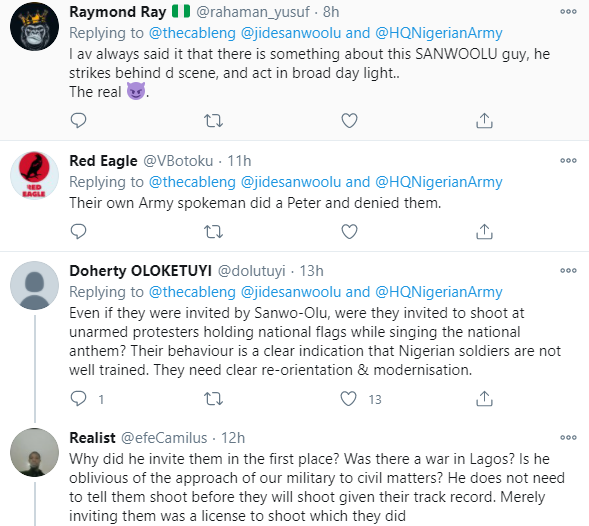 Nigerians react after Nigerian Army said they are not happy Gov Sanwo-Olu denied inviting them to the Lekki tollgate