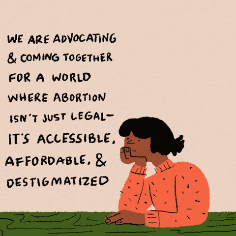Image of a women thinking. The words state "we are advocating & coming together for a world where abortion isn't just legal-it's accessible, affordable, & destigmatized"