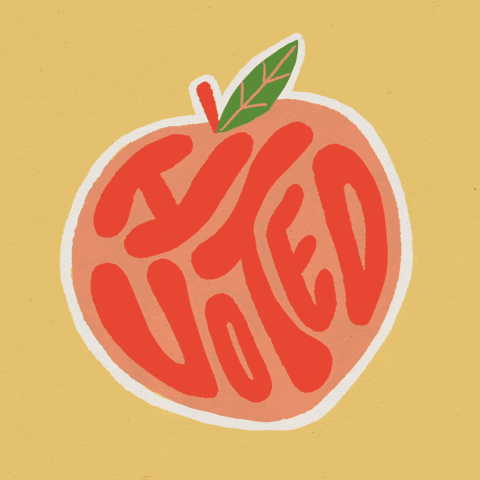 Image of a peach sticker with the words "i voted" written