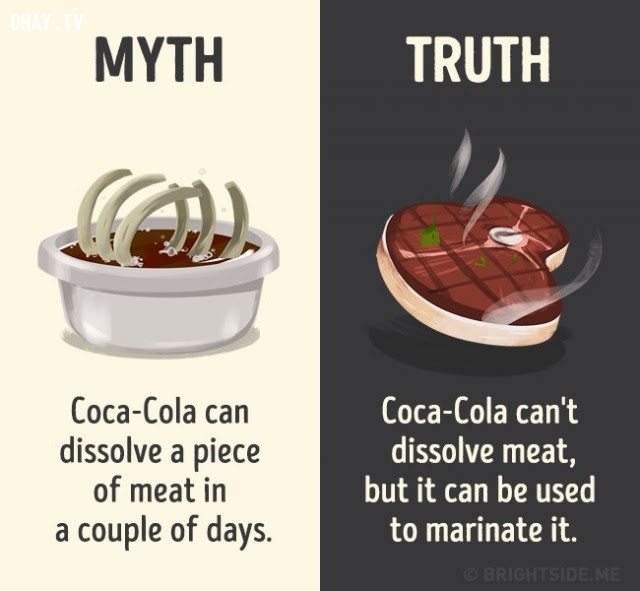 2. Coca-Cola có thể hòa tan một miếng thịt trong vài ngày. Sự thật là không phải vậy, nhưng nó được sử dụng để ướp thịt.,nhận thức sai lầm,các loại thức uống,khám phá,sự thật thú vị,những điều thú vị trong cuộc sống