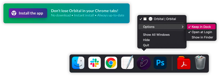 Install button for the webapp, plus the "Keep In Dock" and "Open at login" options ticked on a Mac desktop.