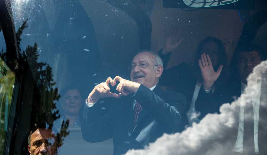 The Presidential candidate of the Nation Alliance and the leader of the Republican People's Party (CHP) Kemal Kilicdaroglu gestures as he visits people in the earthquake-hit Adiyaman last Friday.