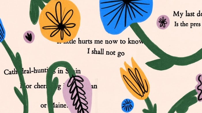 Illustrated flowers overlay lines of poetry