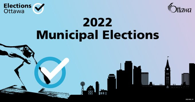 Graphic with pale blue and purple background with the silhouette of the City of Ottawa, a hand holding a piece of paper over a voting box, a white check mark in a blue circle with the words 2022 Municipal Elections in the forefront.