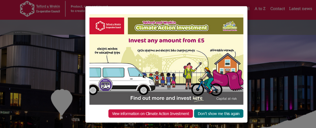 Climate action investment popup on the Telford Wrekin home page
