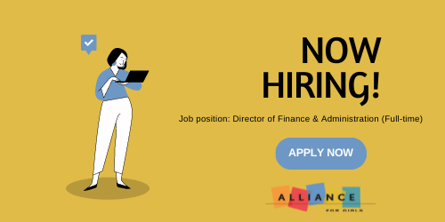 Graphic that says NOW HIRING! Job position: Director of Finance & Administration (Full-time)