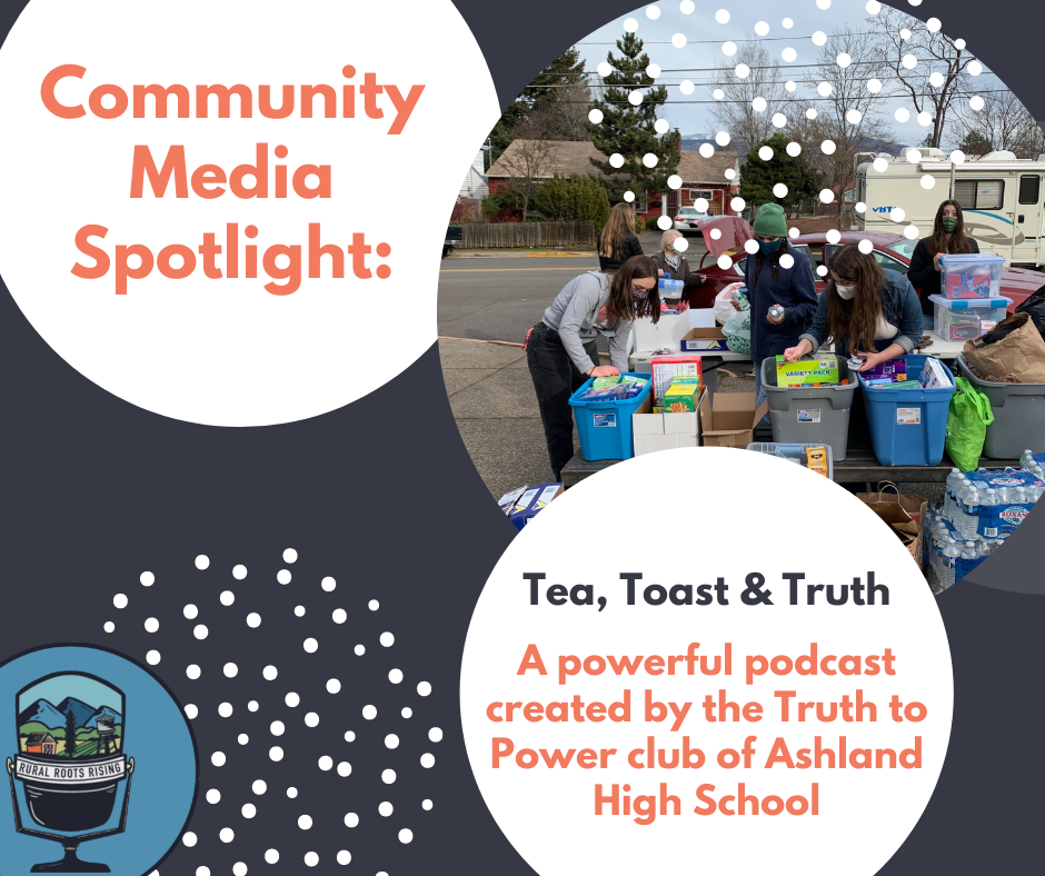 Graphic for Rural Roots Rising with a photo of Truth to Power Club sorting food boxes. The text says
