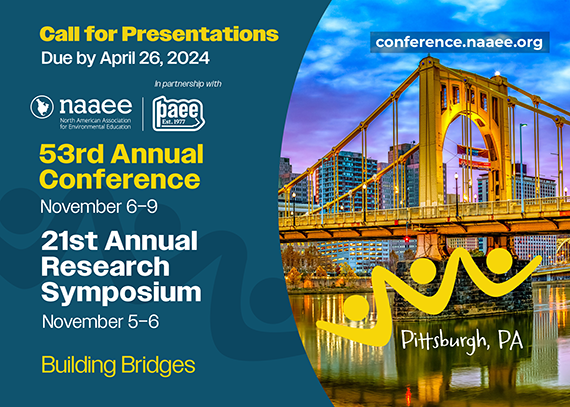 NAAEE 2024 Annual Conference and Research Symposium, Pittsburgh, PA, Call for Presentations Is Open. Background: photo of bridge in front of Pittsburgh skyline, graphic of three people holding hands