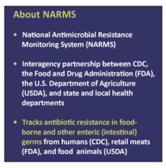 NARMS tracks antibiotic resistance in foodborne and other enteric germs.