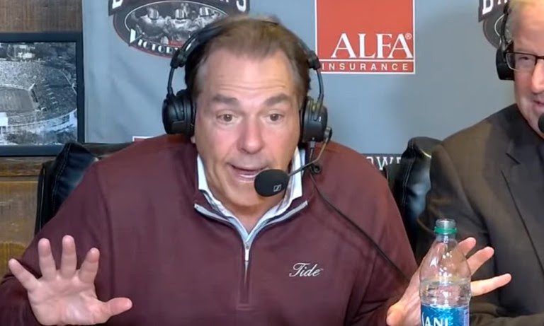 Nick Saban flashing hands mouth opened yelling