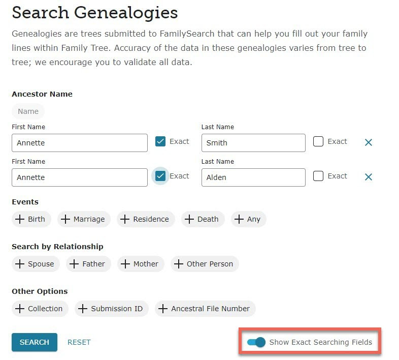 A screenshot of genealogies showing how to search with exact fields.