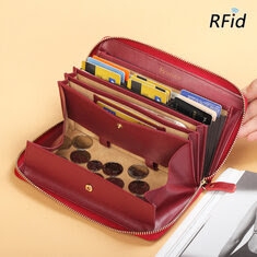 RFID Multi-Slot Blocking Cowhide Zipper Long Wallet