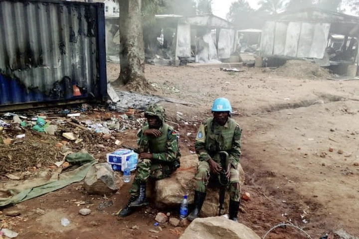 United Nation peacekeepers are seen at the UN civil base in Beni in the eastern part of the Democratic Republic of Congo on November 26 2019, the day after angry demonstrators ransacked and looted the UN civil base in Beni.