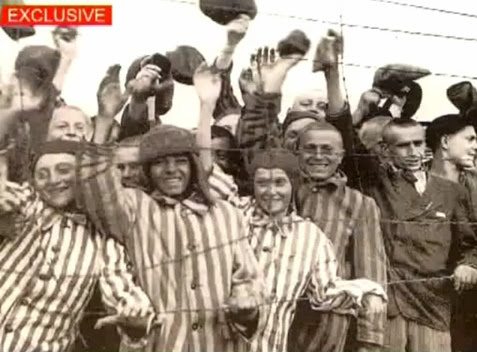 Liberation of                 Bergen Belsen, well nourished Jewish detainees with                 German striped detainee suits and caps on a cold day in                 wet and cold April 1945, April 15, 1945 [5]; other web                 sites state that this photo would be from Dachau.