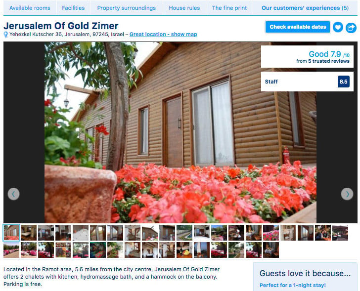 Screenshot of Ramot hotel listing shows cabin-style building