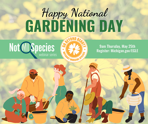 An infographic with figures of people gardening against a background of yellow flowers. Text reads "Happy National Gardening Day."
