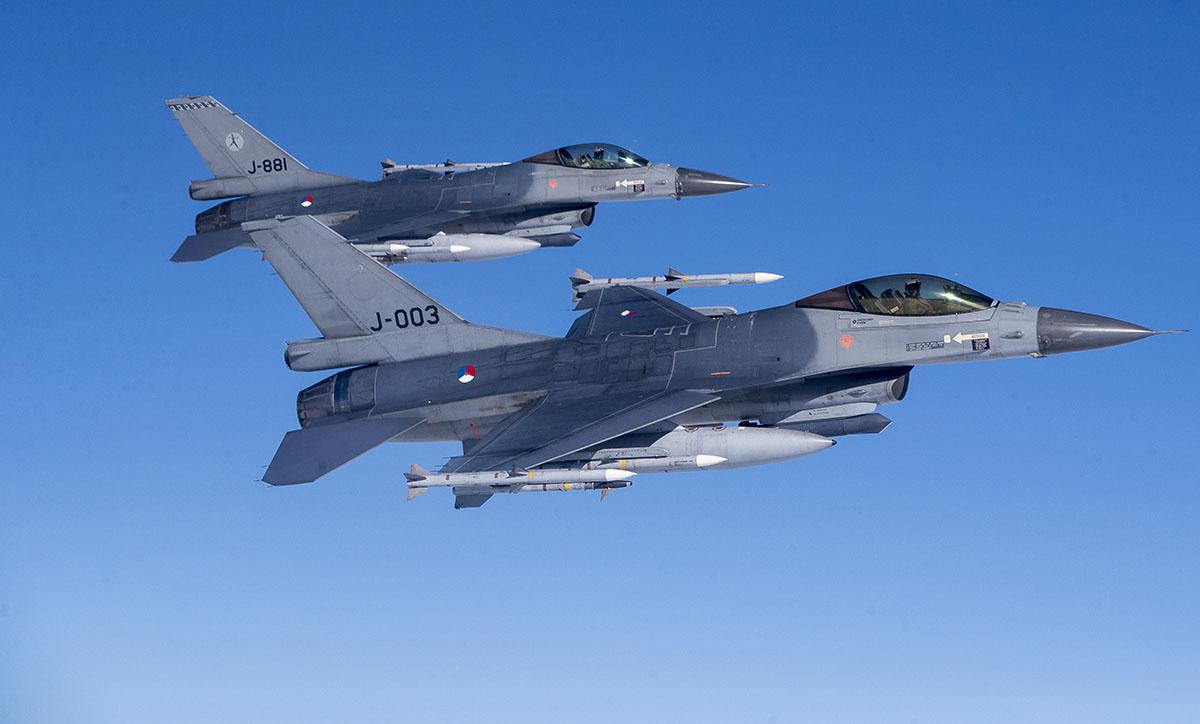 Royal Netherlands Air Force F- 16 military fighter jets participating in NATO's Baltic Air Policing Mission operates in Lithuanian airspace during a Ramstein Alloy air force exercise, Tuesday, April 25, 2017.